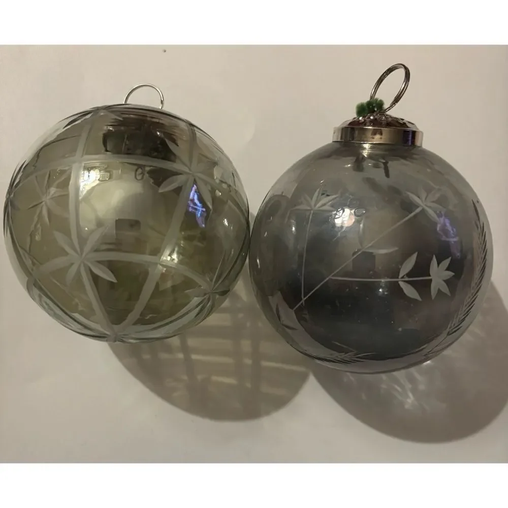 Vintage Pottery Barn Etched Glass Large Holiday Ornaments Set of 4